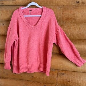 Free People Coral Pink V-Neck Knit Sweater